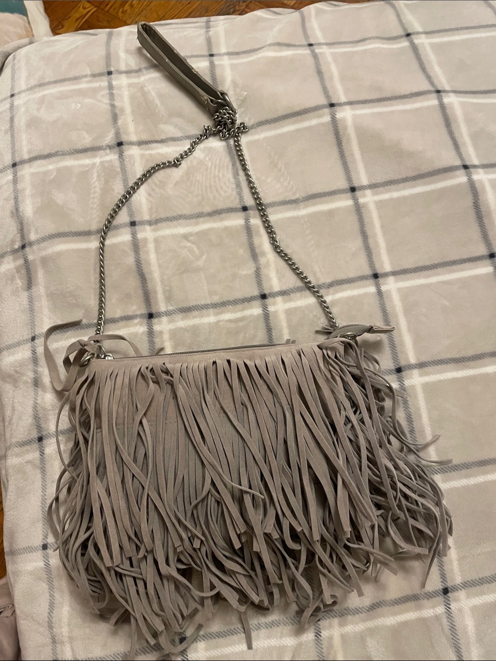 jcpenney Light Grey- beige Suede Fringe Crossbody with Chain Strap
